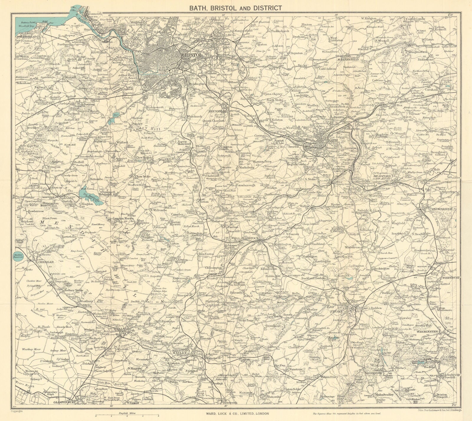 BATH & BRISTOL environs. Mendips/Cotswolds. Frome Wells Shepton Mallet 1950 map
